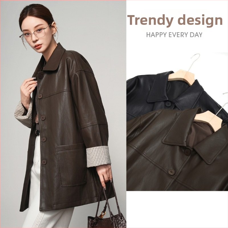 Ženska kožna jakna od ovčje kože, srednje duljine, elegantan gradski stil, zatvaranje kopčama i kukama.