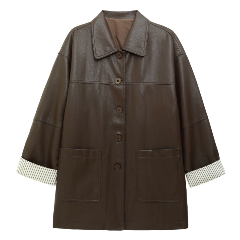 Ženska kožna jakna od ovčje kože, srednje duljine, elegantan gradski stil, zatvaranje kopčama i kukama.