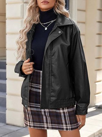 Ženska jakna od umjetne kože, široka kroj, zatvarač, dugi rukavi, poliester tkanina