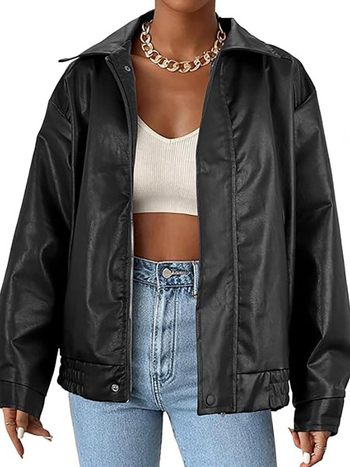 Ženska jakna od umjetne kože, široka kroj, zatvarač, dugi rukavi, poliester tkanina