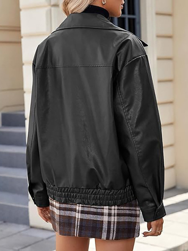 Ženska jakna od umjetne kože, široka kroj, zatvarač, dugi rukavi, poliester tkanina