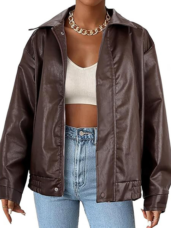 Ženska jakna od umjetne kože, široka kroj, zatvarač, dugi rukavi, poliester tkanina