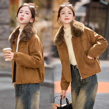 Ženska kožna jakna od ovčje kože, kratka, s reverom, fleece podstava, slim fit, dugi rukavi