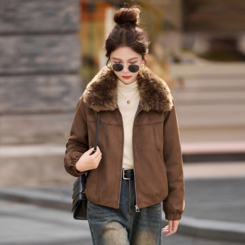 Ženska kožna jakna od ovčje kože, kratka, s reverom, fleece podstava, slim fit, dugi rukavi