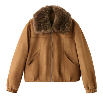 Ženska kožna jakna od ovčje kože, kratka, s reverom, fleece podstava, slim fit, dugi rukavi