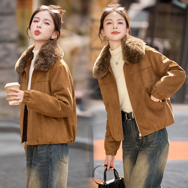 Ženska kožna jakna od ovčje kože, kratka, s reverom, fleece podstava, slim fit, dugi rukavi
