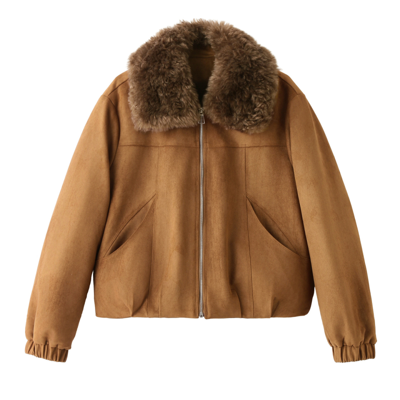 Ženska kožna jakna od ovčje kože, kratka, s reverom, fleece podstava, slim fit, dugi rukavi