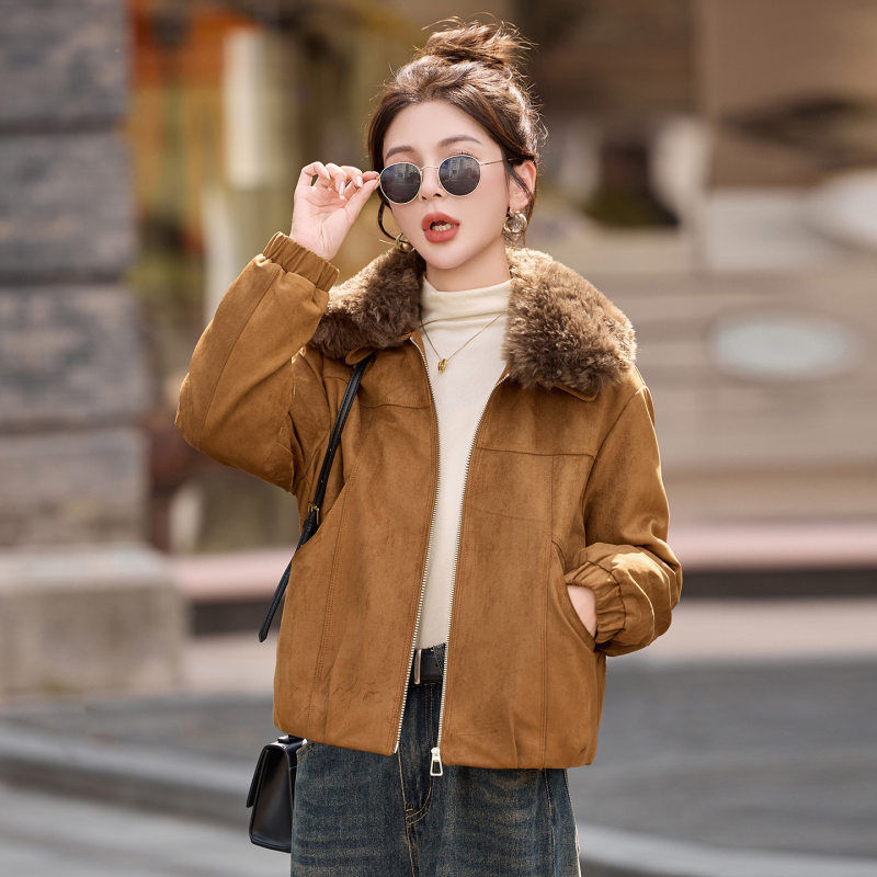 Ženska kožna jakna od ovčje kože, kratka, s reverom, fleece podstava, slim fit, dugi rukavi