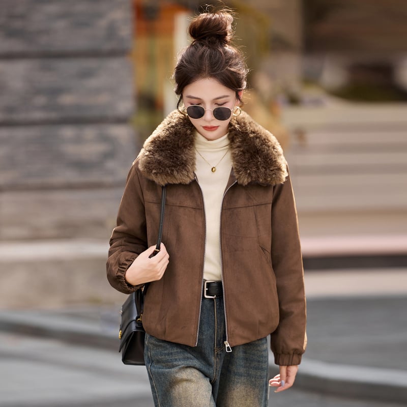 Ženska kožna jakna od ovčje kože, kratka, s reverom, fleece podstava, slim fit, dugi rukavi