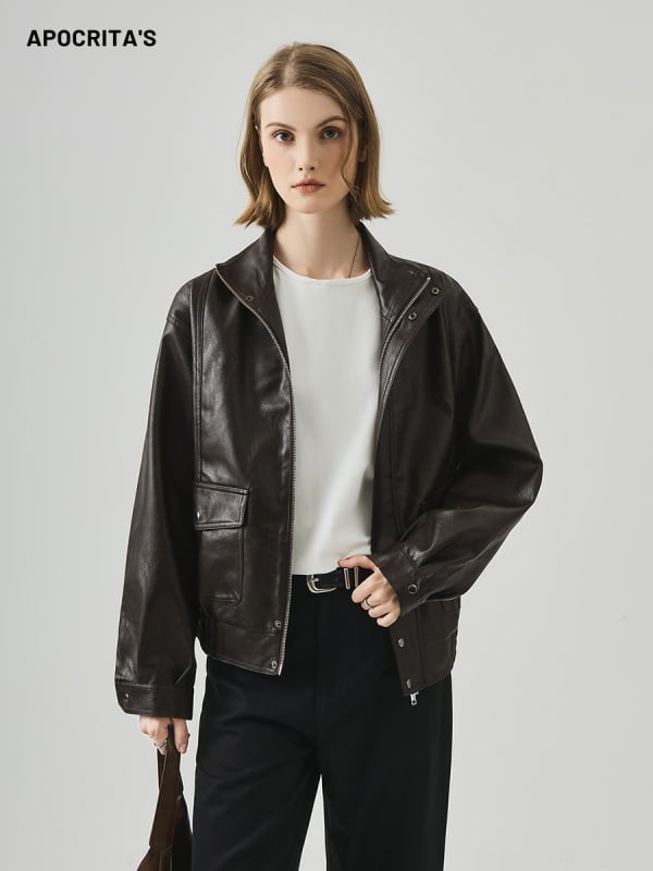 Jakna od umjetne kože za žene, s ovratnikom-stojnikom, labav kroj, dugi rukavi, poliester tkanina