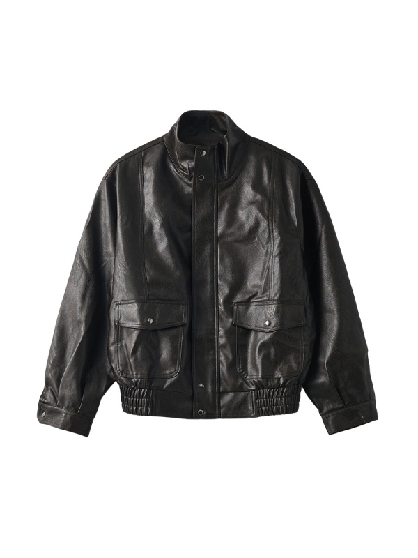 Jakna od umjetne kože za žene, s ovratnikom-stojnikom, labav kroj, dugi rukavi, poliester tkanina