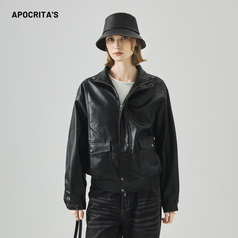 Jakna od umjetne kože za žene, s ovratnikom-stojnikom, labav kroj, dugi rukavi, poliester tkanina