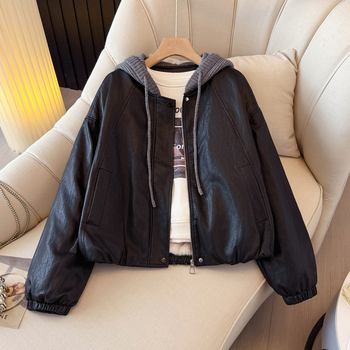 PU kožna jakna s kapuljom, zip zatvaranje, patchwork dizajn, udoban kroj