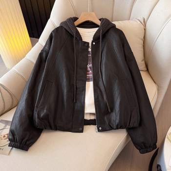 PU kožna jakna s kapuljom, zip zatvaranje, patchwork dizajn, udoban kroj