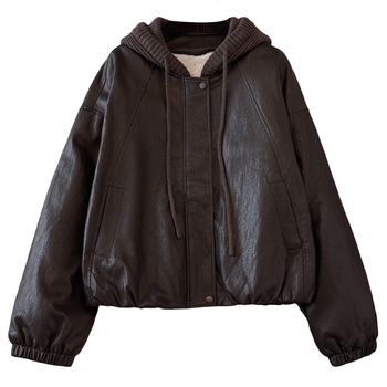 PU kožna jakna s kapuljom, zip zatvaranje, patchwork dizajn, udoban kroj