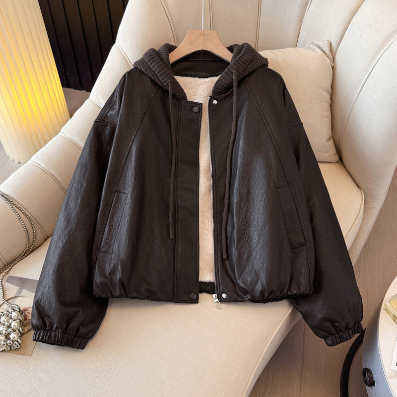 PU kožna jakna s kapuljom, zip zatvaranje, patchwork dizajn, udoban kroj