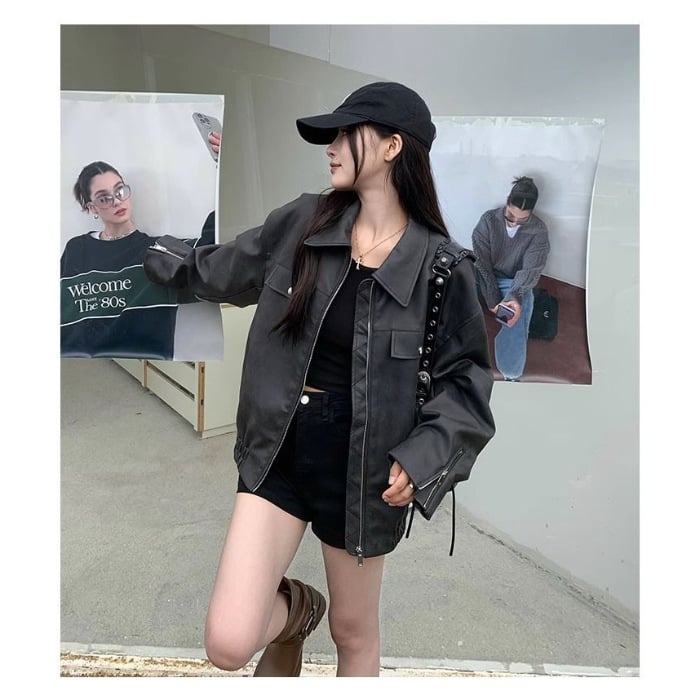 Ženska jakna od umjetne kože, polo ovratnik, zip zatvarač, široka silueta, dugi rukavi