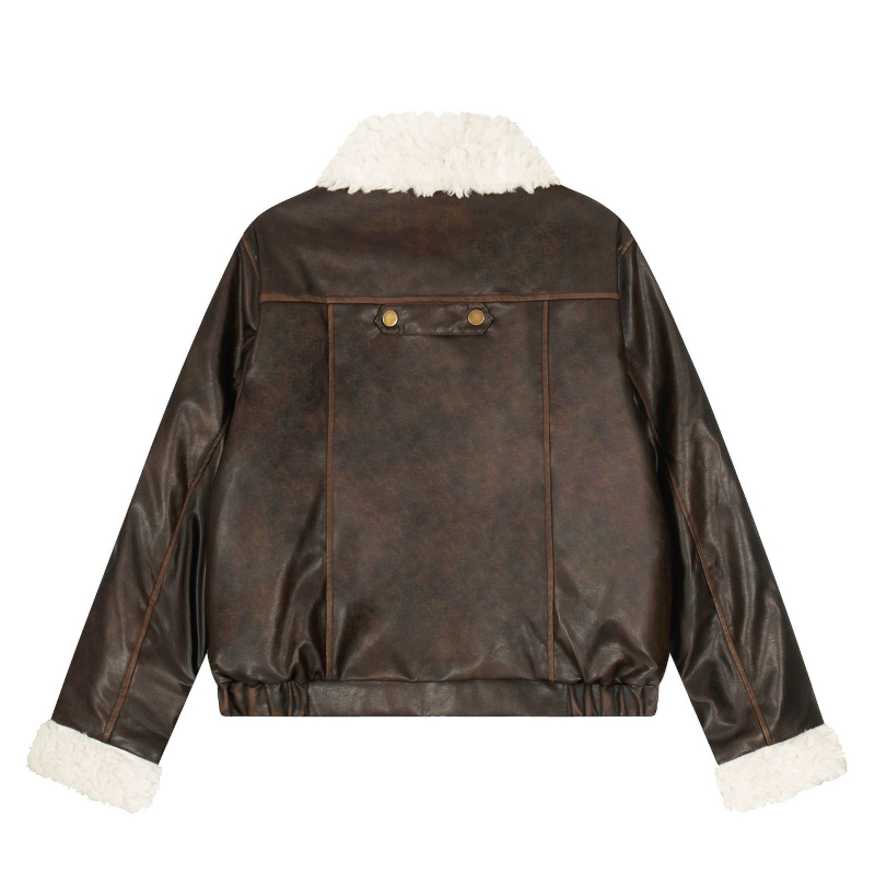 PU kožna jakna s quilt dizajnom i imitacijom krzna na ovratniku, širokog kroja, zip zatvarač