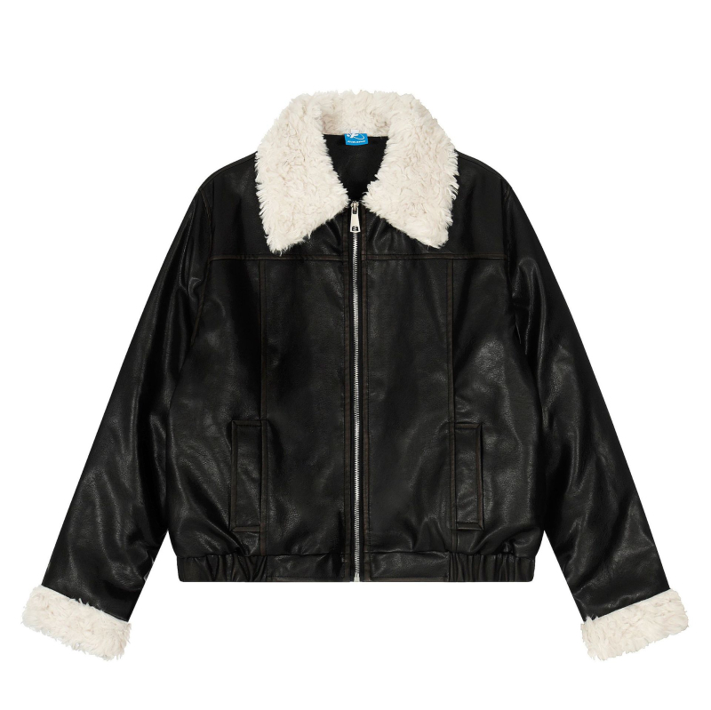 PU kožna jakna s quilt dizajnom i imitacijom krzna na ovratniku, širokog kroja, zip zatvarač