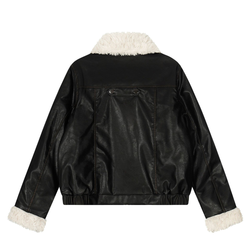 PU kožna jakna s quilt dizajnom i imitacijom krzna na ovratniku, širokog kroja, zip zatvarač