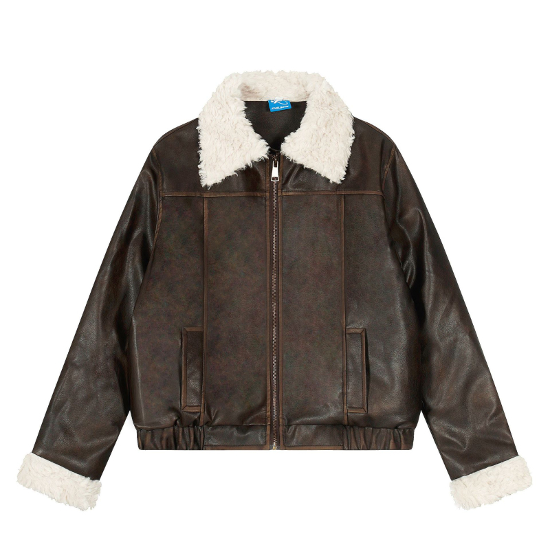 PU kožna jakna s quilt dizajnom i imitacijom krzna na ovratniku, širokog kroja, zip zatvarač