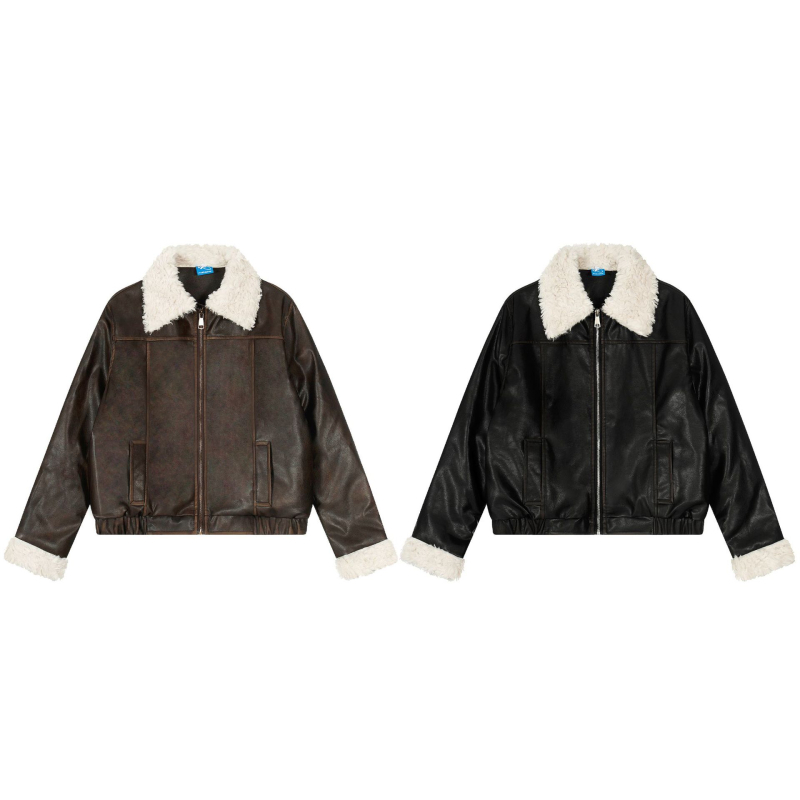 PU kožna jakna s quilt dizajnom i imitacijom krzna na ovratniku, širokog kroja, zip zatvarač