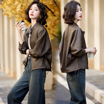 Ženska prirodna kožna jakna – kratka sa stojećim ovratnikom, korejski/moto stil, jesen-zima 2025, ovčja koža