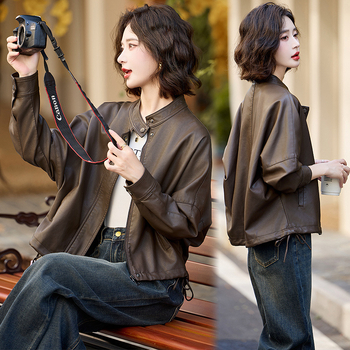 Ženska prirodna kožna jakna – kratka sa stojećim ovratnikom, korejski/moto stil, jesen-zima 2025, ovčja koža