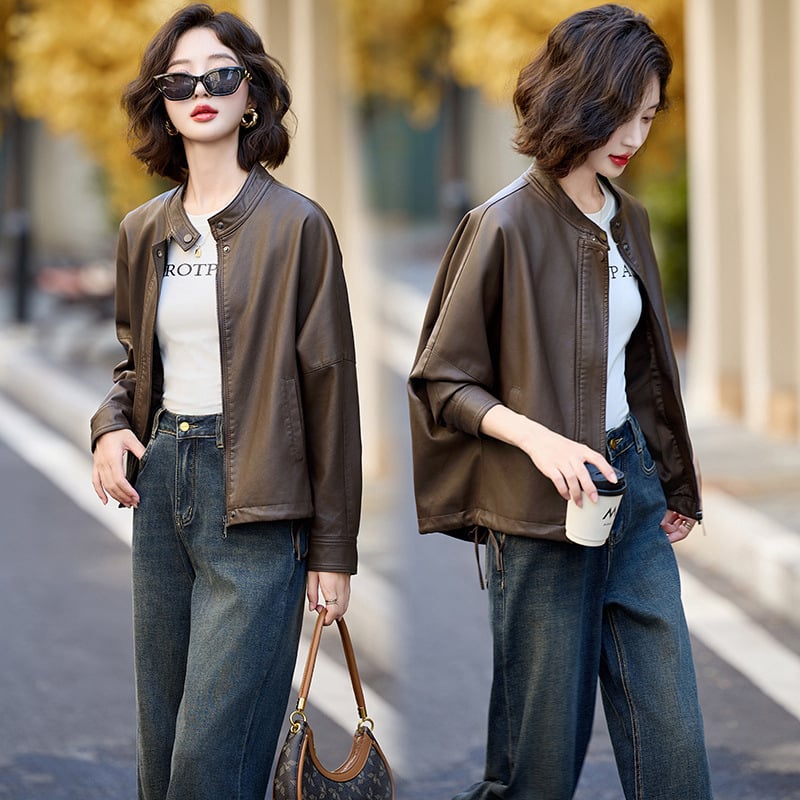 Ženska prirodna kožna jakna – kratka sa stojećim ovratnikom, korejski/moto stil, jesen-zima 2025, ovčja koža