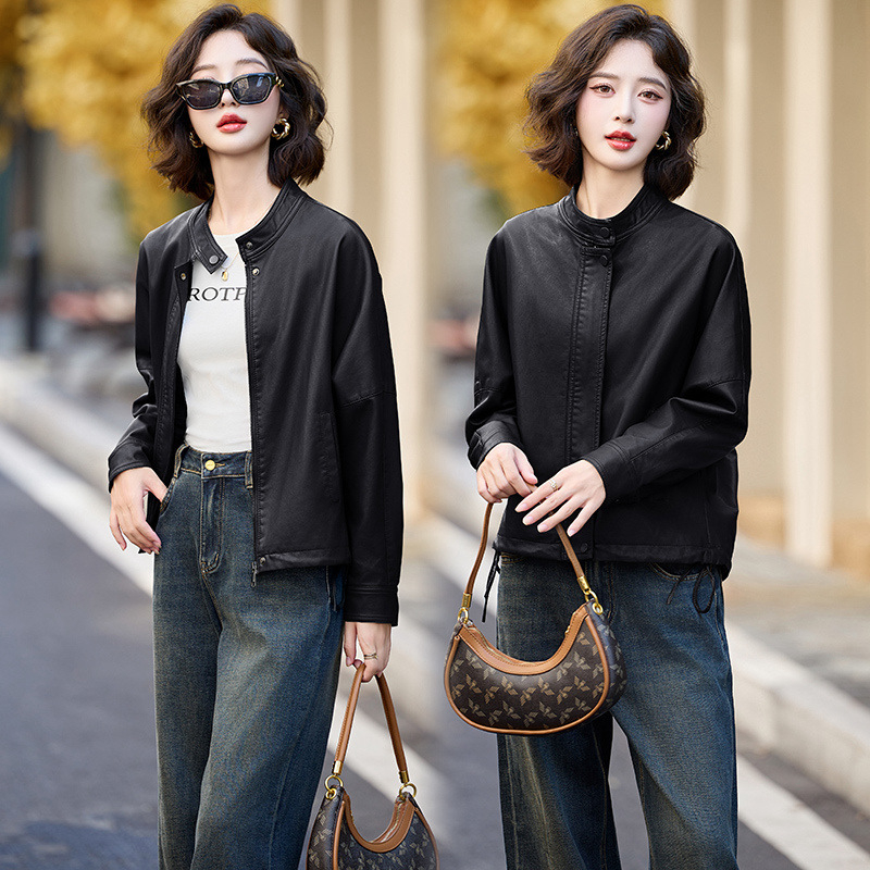 Ženska prirodna kožna jakna – kratka sa stojećim ovratnikom, korejski/moto stil, jesen-zima 2025, ovčja koža