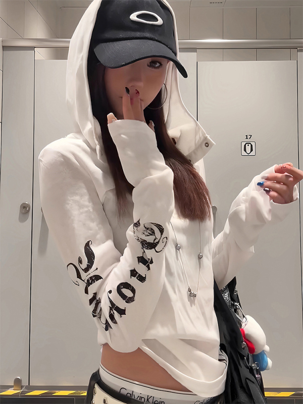 Ženski hoodie T-shirt s kapuljom i dugim rukavima, uski kroj, tisak s tekstom, lagan za proljeće/jesen, viskoza s 90–95% pamuka