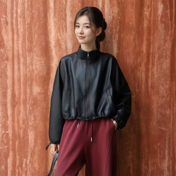 Ženska PU kožna jakna, jesen 2025, udoban kroj, polo ovratnik, dugi rukavi, zatvarač sprijeda