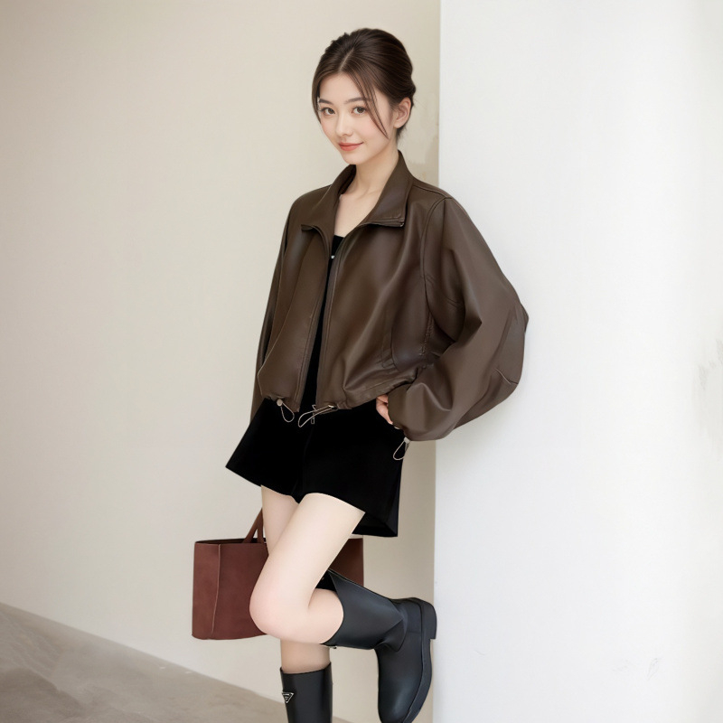 Ženska PU kožna jakna, jesen 2025, udoban kroj, polo ovratnik, dugi rukavi, zatvarač sprijeda