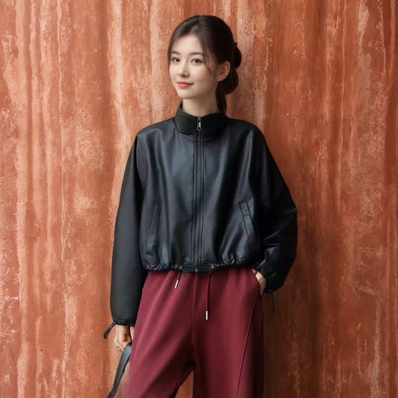 Ženska PU kožna jakna, jesen 2025, udoban kroj, polo ovratnik, dugi rukavi, zatvarač sprijeda