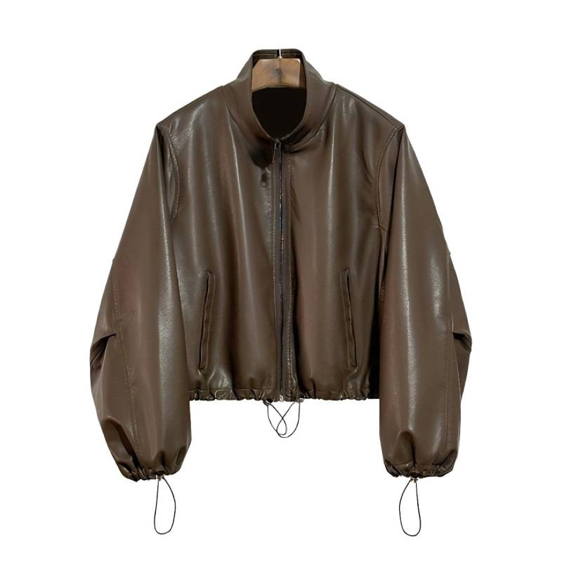 Ženska PU kožna jakna, jesen 2025, udoban kroj, polo ovratnik, dugi rukavi, zatvarač sprijeda