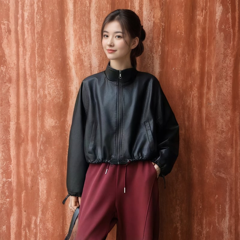 Ženska PU kožna jakna, jesen 2025, udoban kroj, polo ovratnik, dugi rukavi, zatvarač sprijeda
