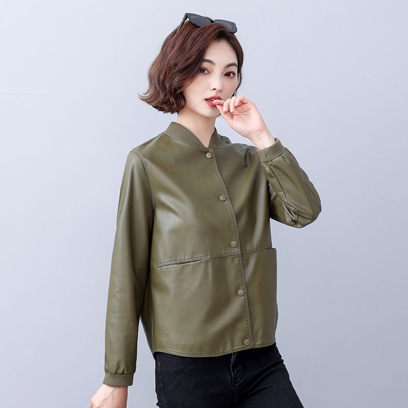 Ženska jakna od umjetne kože, ultra kratka dužina do 40 cm, baseball ovratnik, jednostruko kopčanje, proljeće 2025