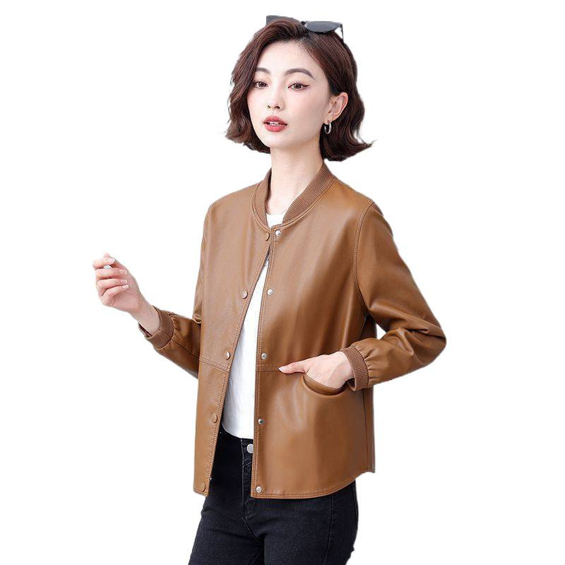 Ženska jakna od umjetne kože, ultra kratka dužina do 40 cm, baseball ovratnik, jednostruko kopčanje, proljeće 2025