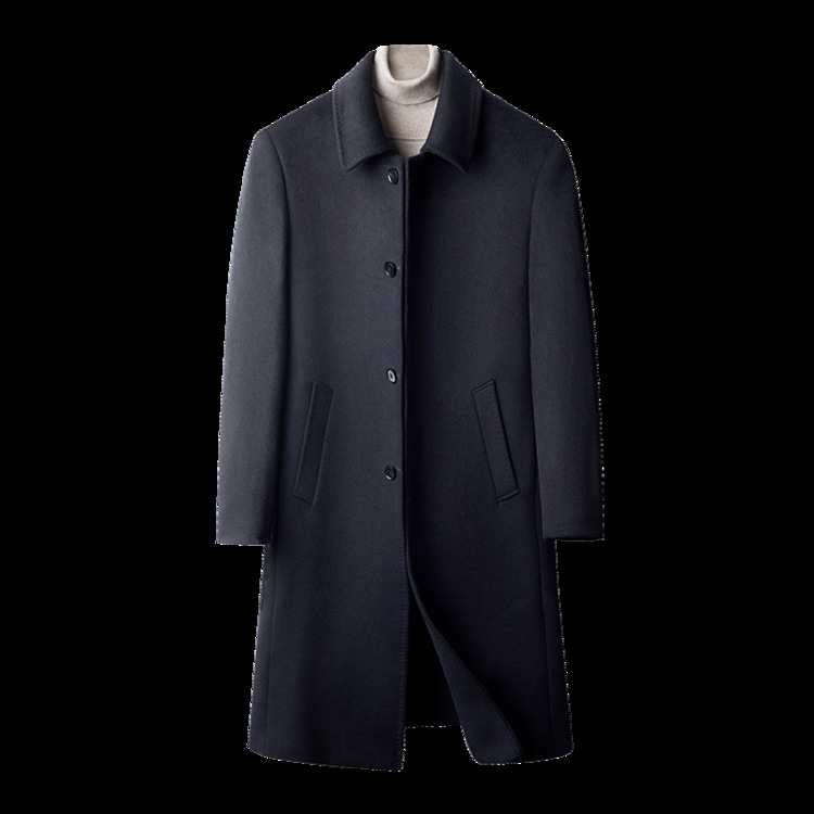 Muški reverzibilni kaput od kašmira i vune, srednje duljine, rever, jednostruko kopčanje, džepovi s aplikacijama