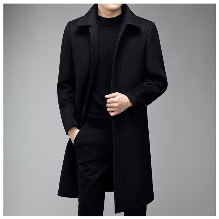 Muški reverzibilni kaput od kašmira i vune, srednje duljine, rever, jednostruko kopčanje, džepovi s aplikacijama