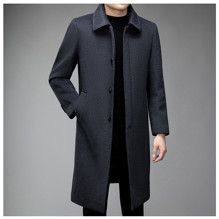 Muški reverzibilni kaput od kašmira i vune, srednje duljine, rever, jednostruko kopčanje, džepovi s aplikacijama