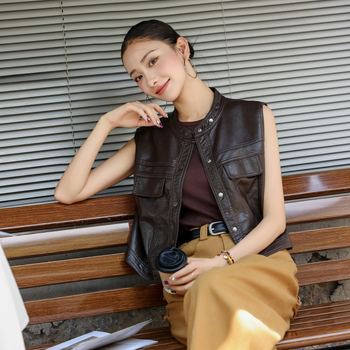 Ženska PU kožna vest jakna sa stojećim ovratnikom, bez rukava, zip