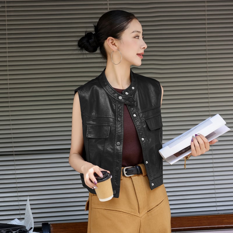 Ženska PU kožna vest jakna sa stojećim ovratnikom, bez rukava, zip