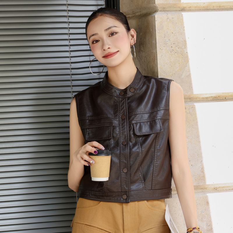 Ženska PU kožna vest jakna sa stojećim ovratnikom, bez rukava, zip
