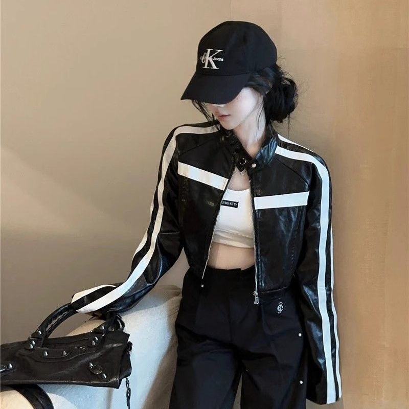 Ženska jakna od umjetne kože - ultra kratka duljina ≤40 cm, stojeći ovratnik, zatvarač, spandex smjesa, proljeće 2025