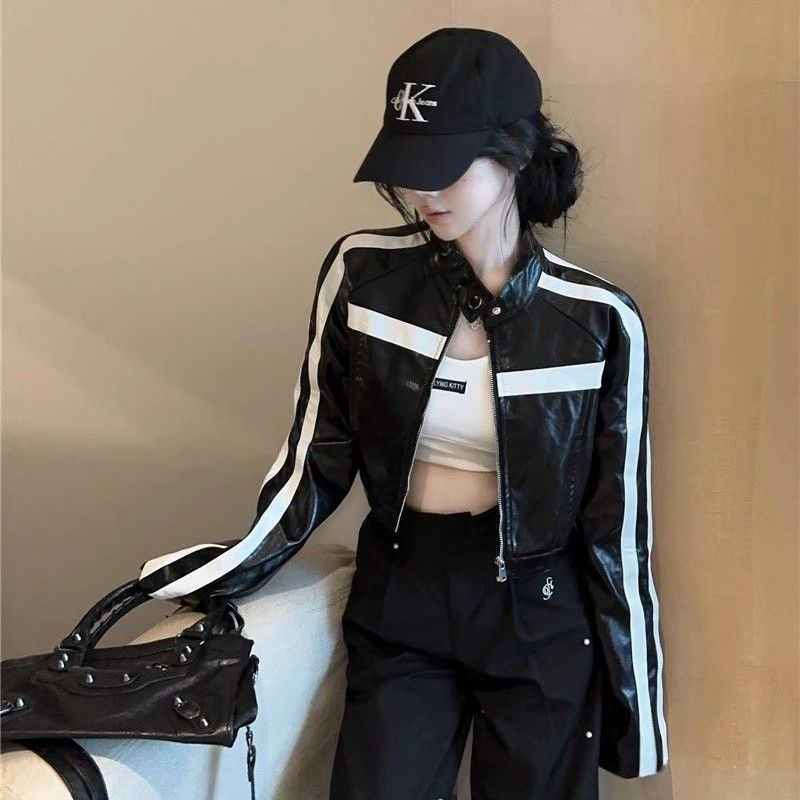 Ženska jakna od umjetne kože - ultra kratka duljina ≤40 cm, stojeći ovratnik, zatvarač, spandex smjesa, proljeće 2025