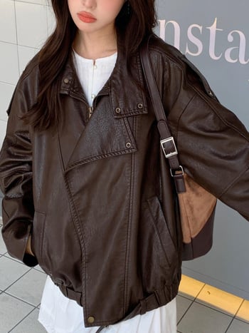 Smeđa ženska PU kožna jakna, jesen 2025, kratka biker jakna, elegantan kroj