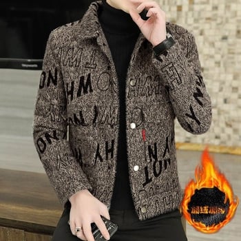 Muški kratki vuneni kaput s krznenim detaljima, podstava 100%, ovratnik Turn-Down, bez kopča