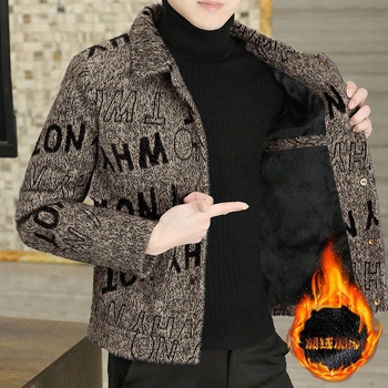 Muški kratki vuneni kaput s krznenim detaljima, podstava 100%, ovratnik Turn-Down, bez kopča