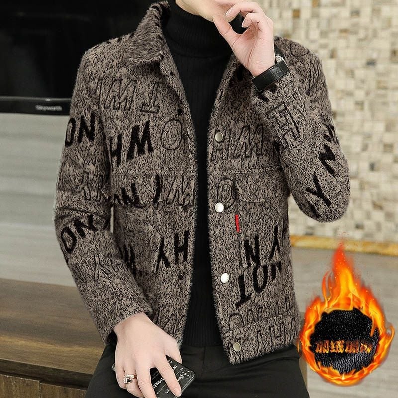 Muški kratki vuneni kaput s krznenim detaljima, podstava 100%, ovratnik Turn-Down, bez kopča